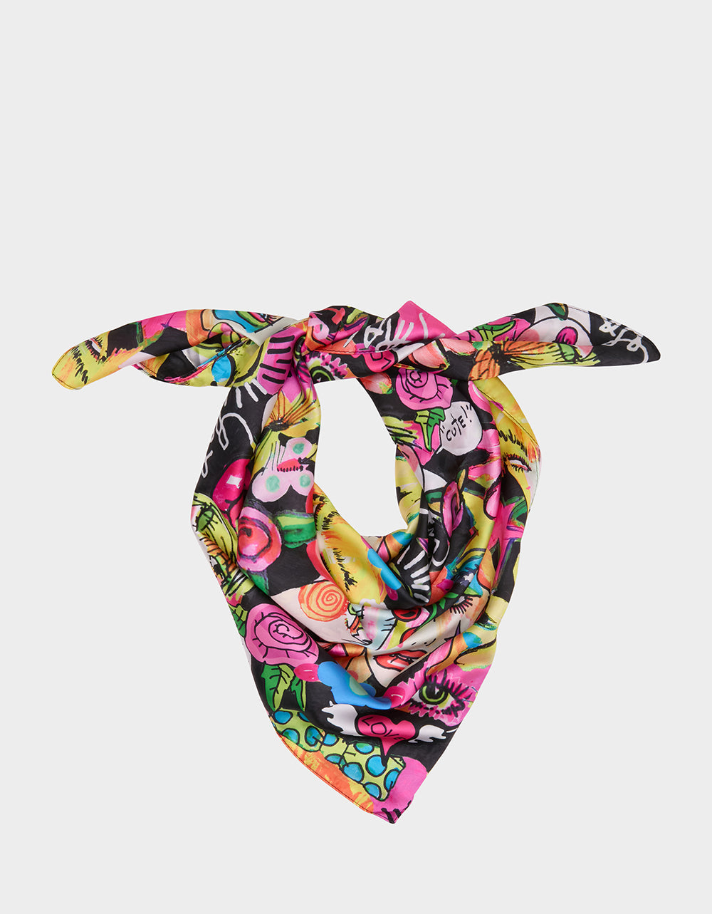 BETSEY'S ART SATINE SQUARE SCARF 35x35 BLACK MULTI