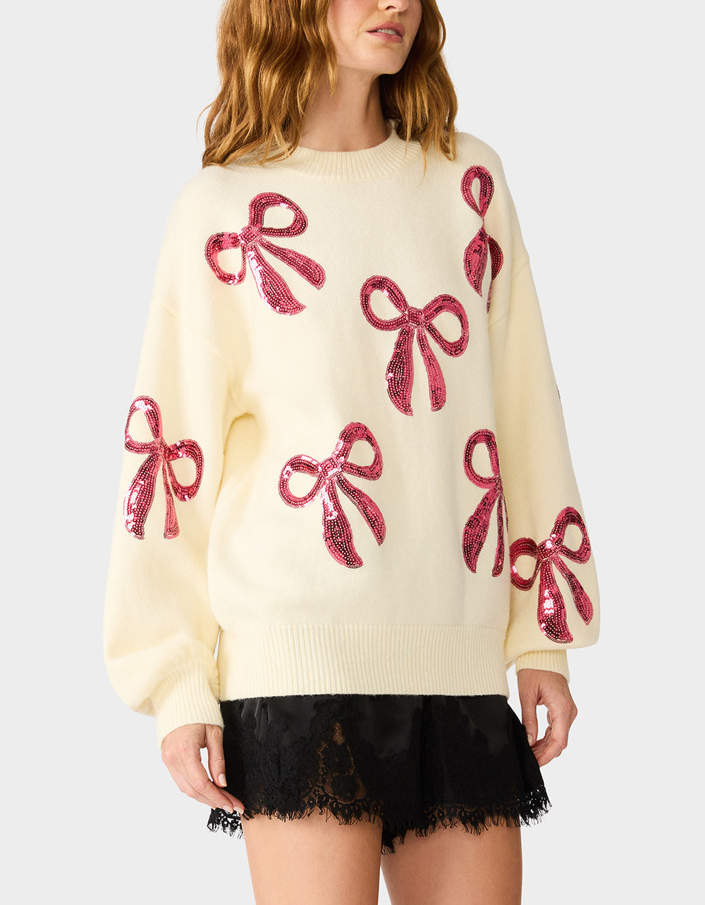 SEQUIN BOW SWEATER CREAM