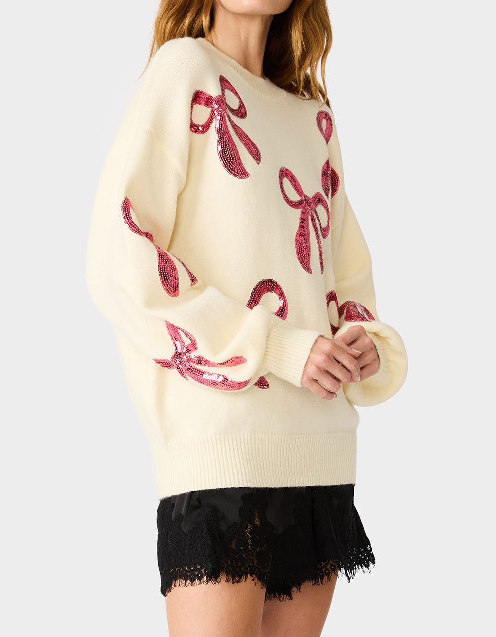 SEQUIN BOW SWEATER CREAM