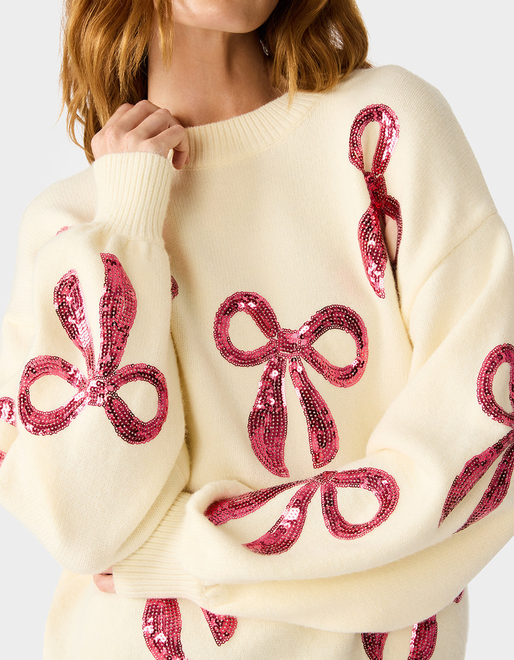 SEQUIN BOW SWEATER CREAM